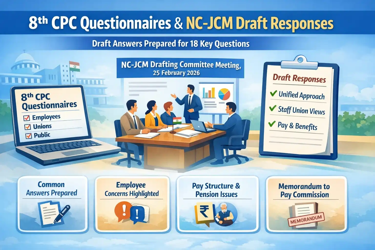 8th Pay Commission 2026questionnaire and NC-JCM drafting committee preparing draft answers for 18 questions on pay structure, allowances and pension reforms