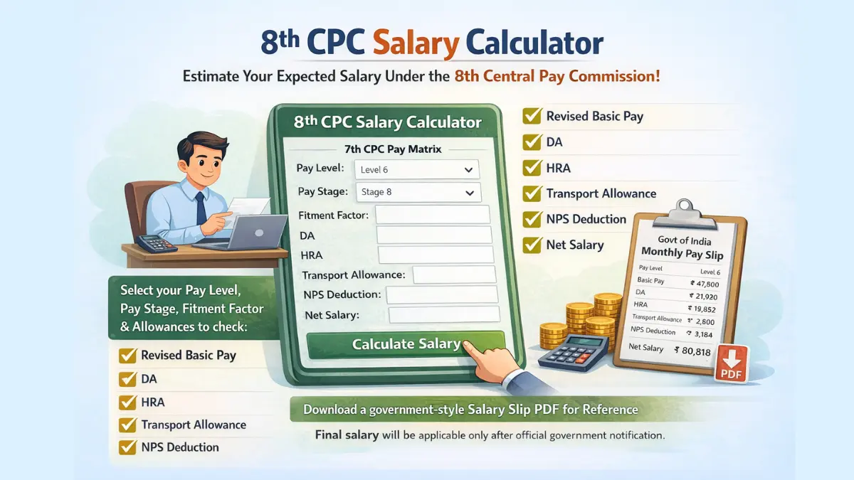 8th CPC Salary Calculator for Central Government employees to estimate revised basic pay DA HRA transport allowance NPS deduction and net salary.
