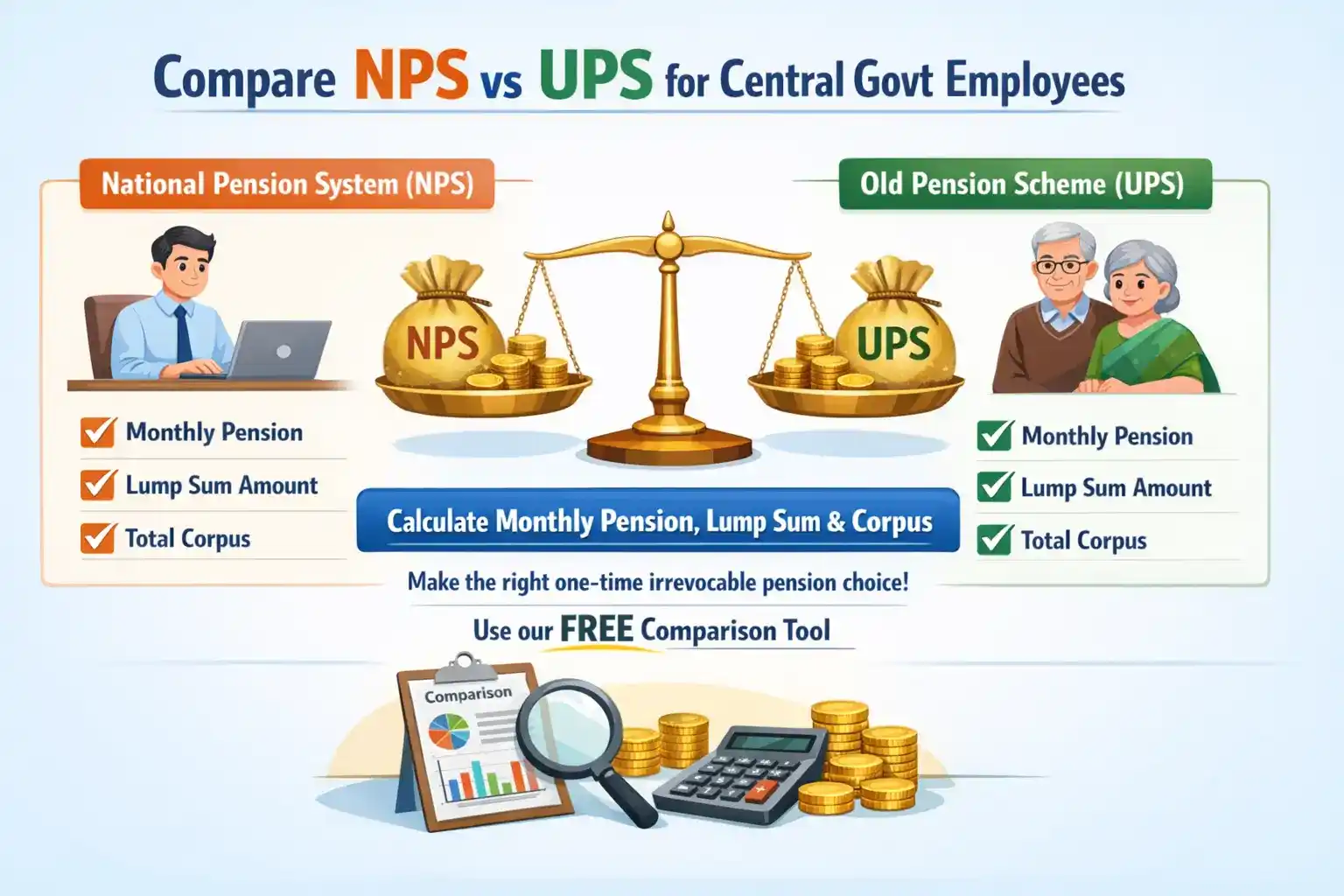 NPS vs UPS Comparison for central government employees – calculate monthly pension, lump sum amount and total corpus using NPS vs UPS pension comparison calculator.