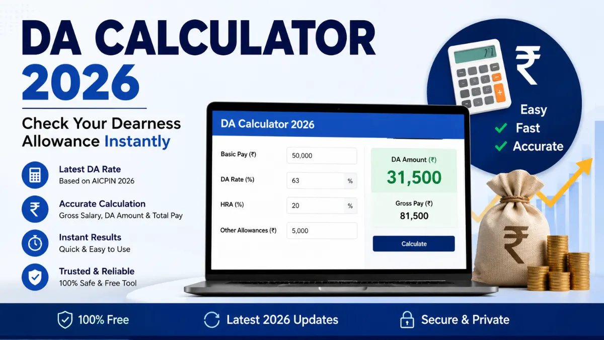 DA Calculator 2026 for Central Government Employees showing 60 percent dearness allowance under 7th Pay Commission