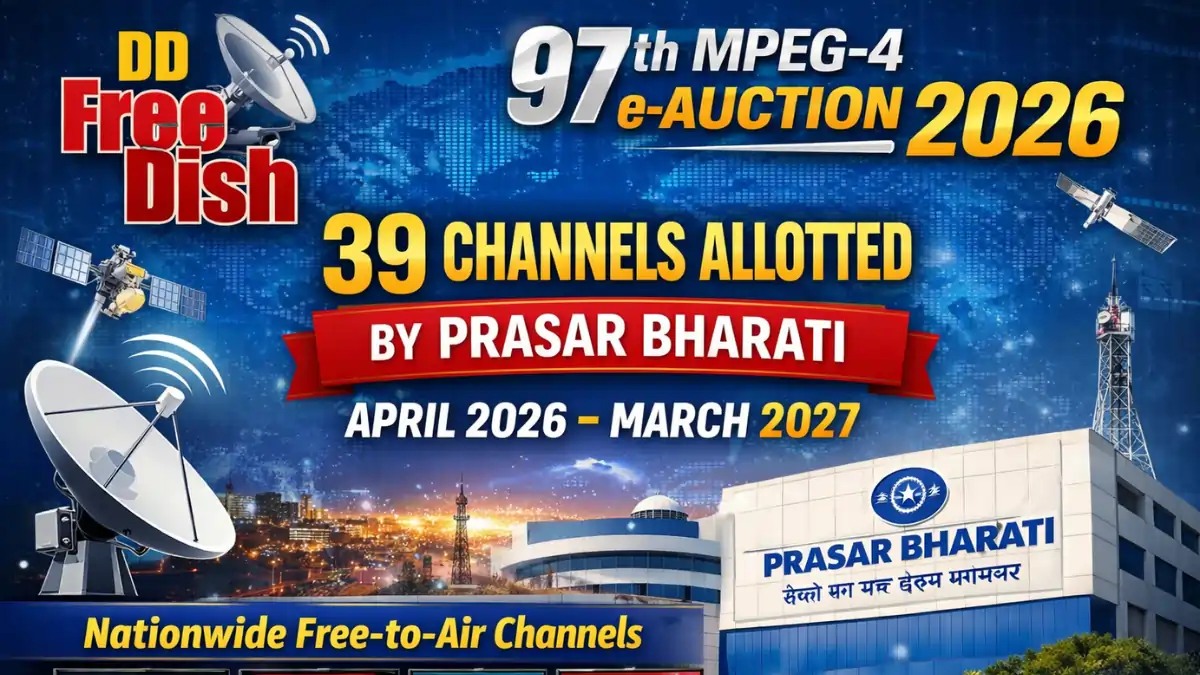 DD Free Dish 97th MPEG-4 e-Auction 2026 by Prasar Bharati allocating 39 TV channels for April 2026 to March 2027