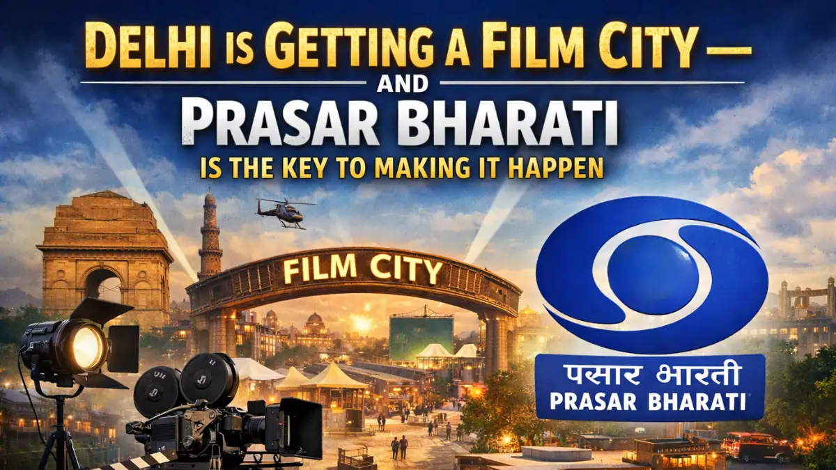 Delhi Film City Prasar Bharati MoU 2026 announcement with film studio setup and broadcasting elements in Delhi