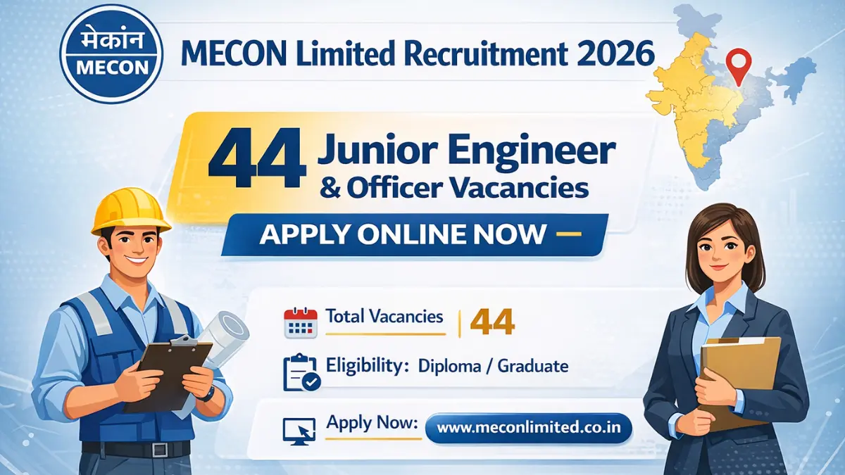 MECON Limited Recruitment 2026 notification for 44 Junior Engineer and Officer posts with online application details.