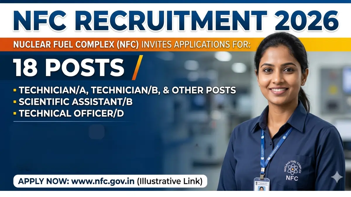 NFC Recruitment 2026 notification for 18 posts at Nuclear Fuel Complex with candidates applying for government jobs