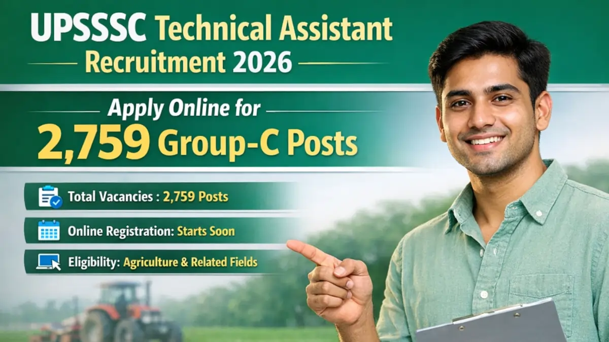 UPSSSC Technical Assistant Recruitment 2026 apply online for 2759 Group C posts with agriculture candidate holding clipboard in field