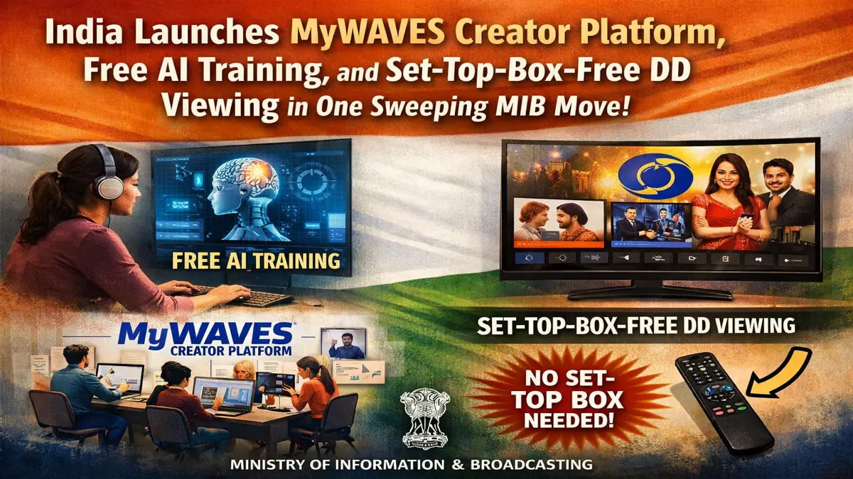 MyWAVES Creator Platform launch with WAVES OTT by Prasar Bharati 2026 showing AI training and set-top-box-free DD viewing