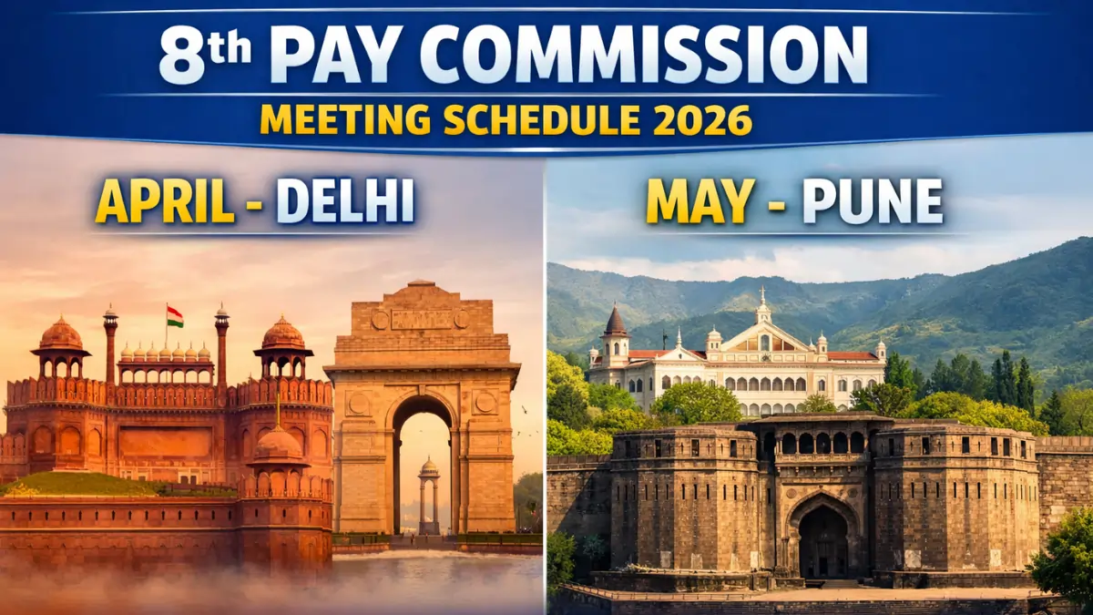 8th Pay Commission Meeting Schedule 2026 showing Delhi meeting in April and Pune meeting in May