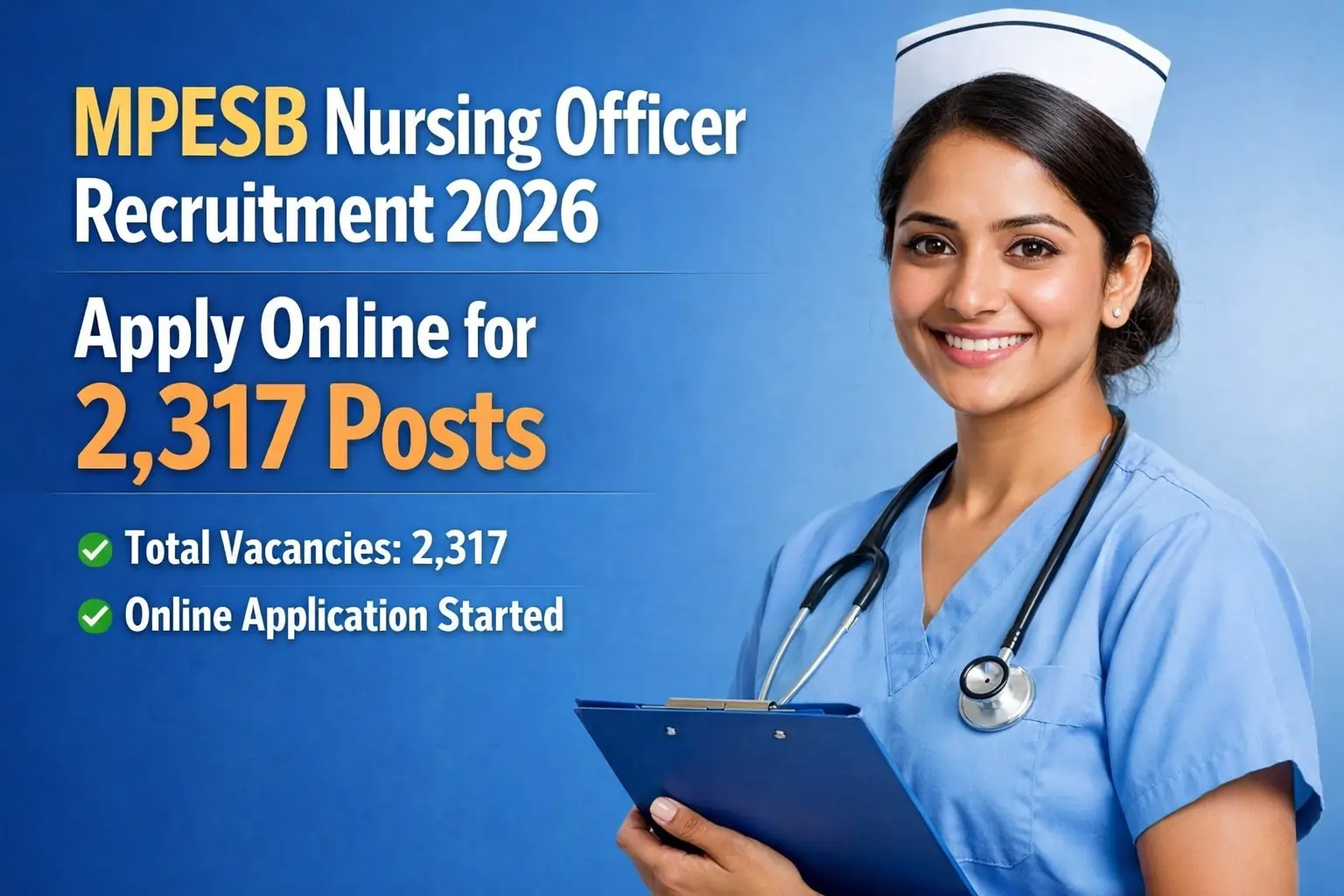 MPESB Nursing Officer Recruitment 2026 notification with real human face showing apply online for 2317 posts