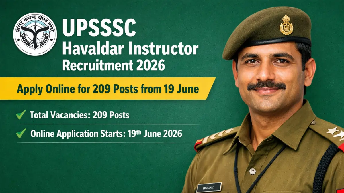 UPSSSC Havaldar Instructor Recruitment 2026 notification with 209 vacancies and application start date 19 June featuring a uniformed officer