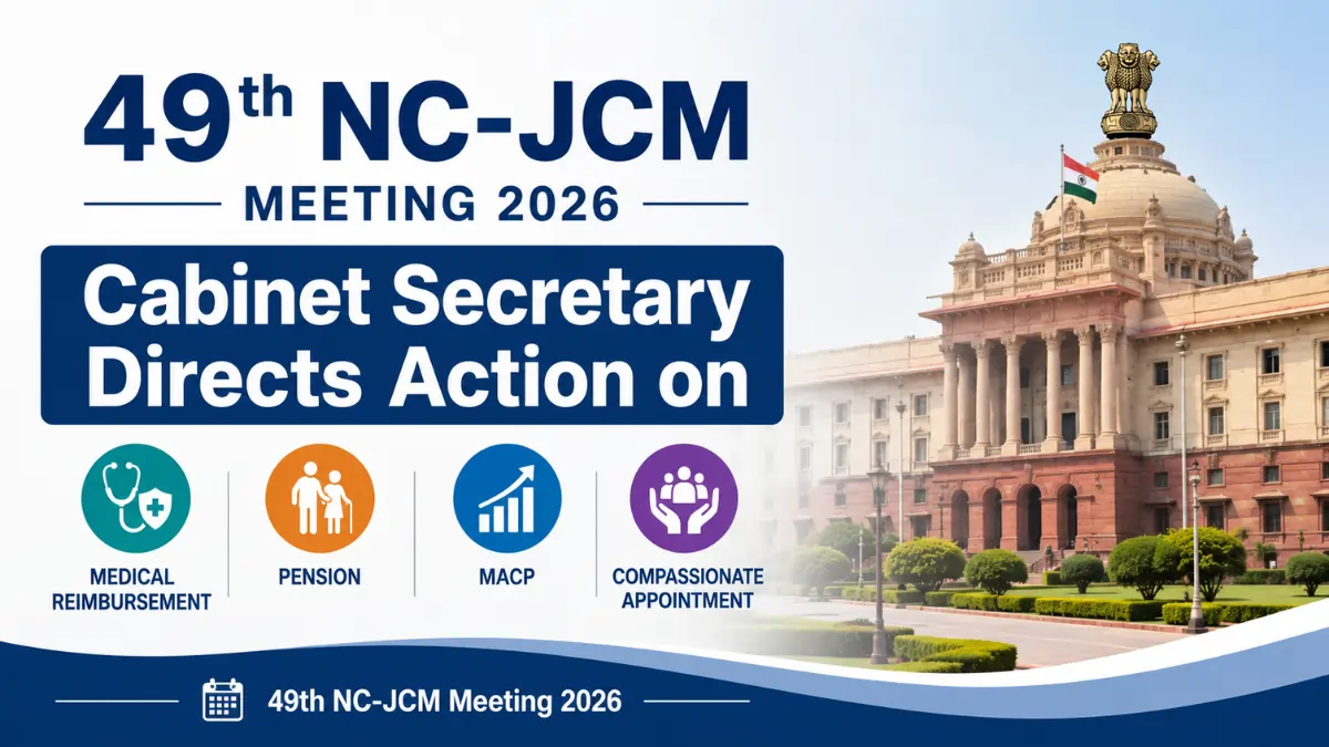49th NC-JCM Meeting 2026 banner showing Cabinet Secretary action on medical reimbursement, pension, MACP and compassionate appointment issues.
