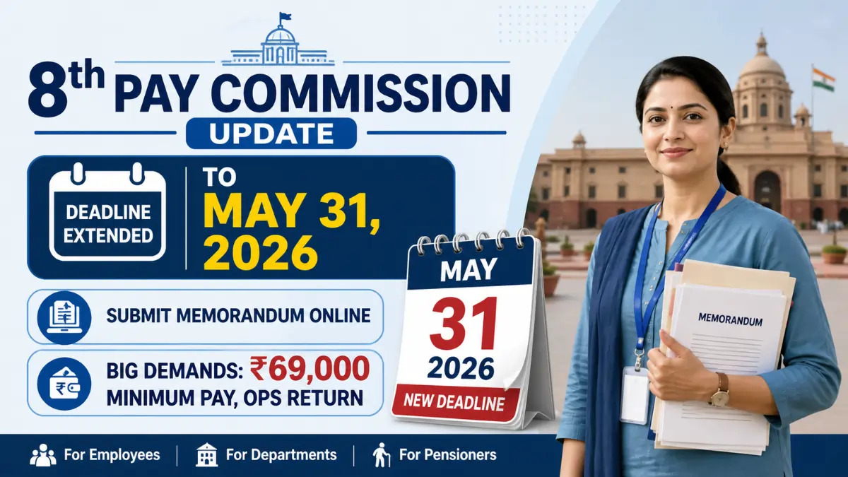Indian government employee holding memorandum documents with calendar showing May 31, 2026 deadline extension for 8th Pay Commission submission