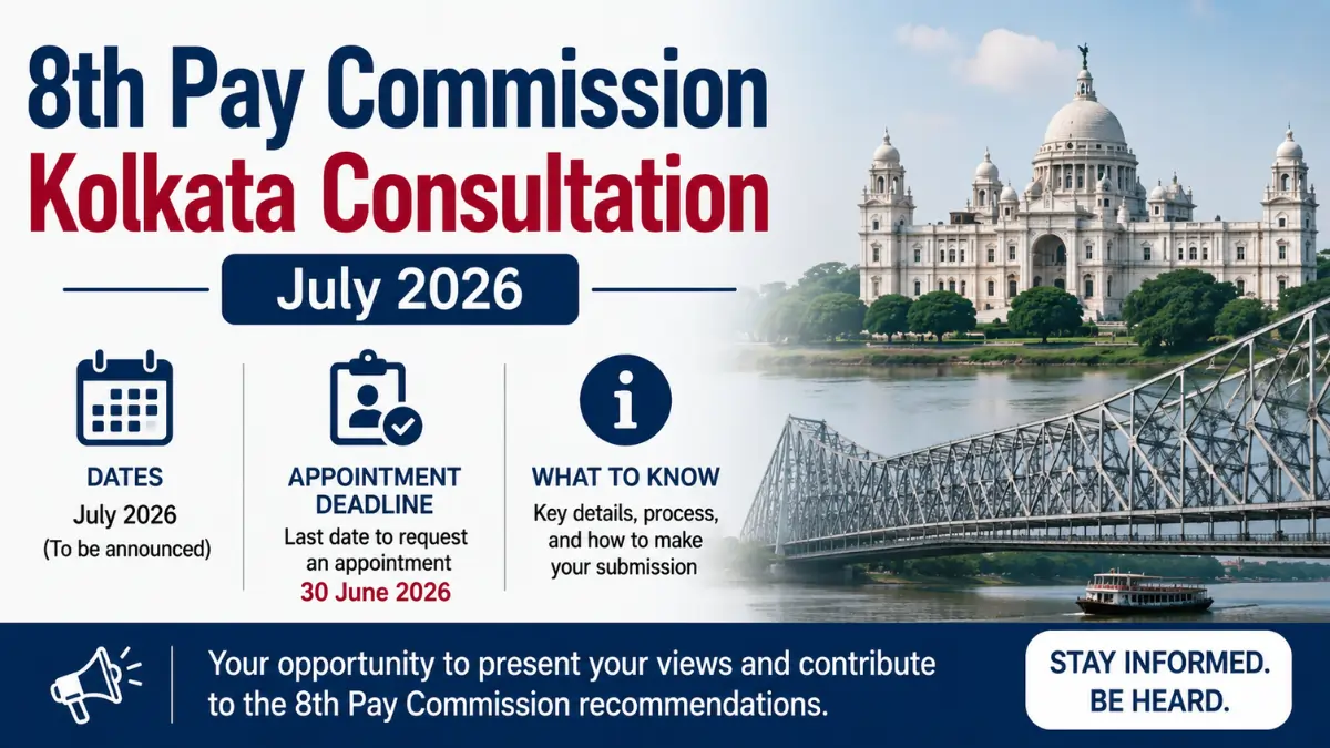 8th Pay Commission Kolkata Consultation July 2026 showing consultation dates, appointment deadline, and important information for central government employees and pensioners.