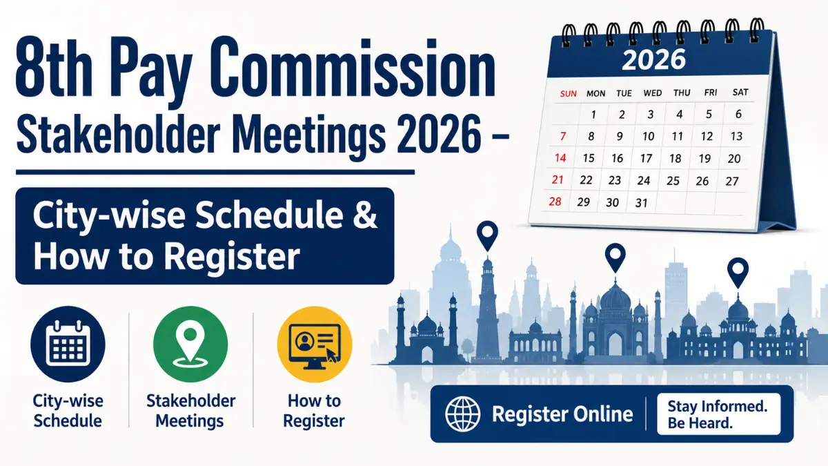 8th Pay Commission Stakeholder Meetings 2026 city-wise schedule and online registration banner with calendar and city icons