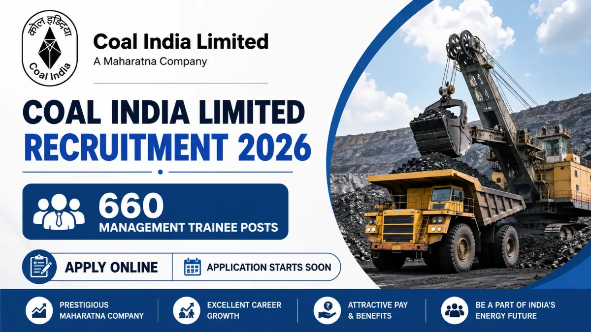 Coal India Limited Recruitment 2026 banner for 660 Management Trainee posts with mining truck and coal excavation machine.