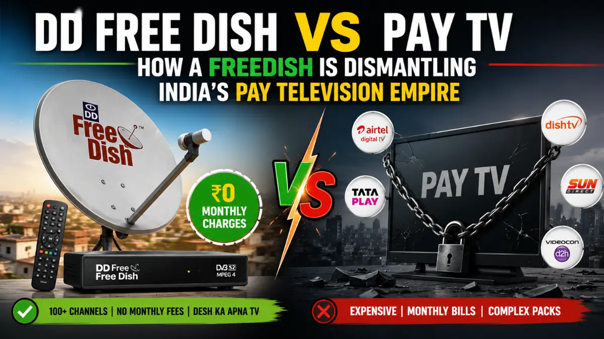 DD Free Dish vs Pay TV comparison showing free satellite TV service challenging India’s paid television industry