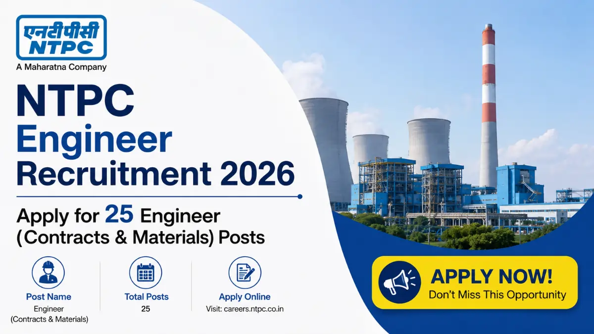 NTPC Engineer Recruitment 2026 notification banner for 25 Engineer (Contracts & Materials) posts with power plant background