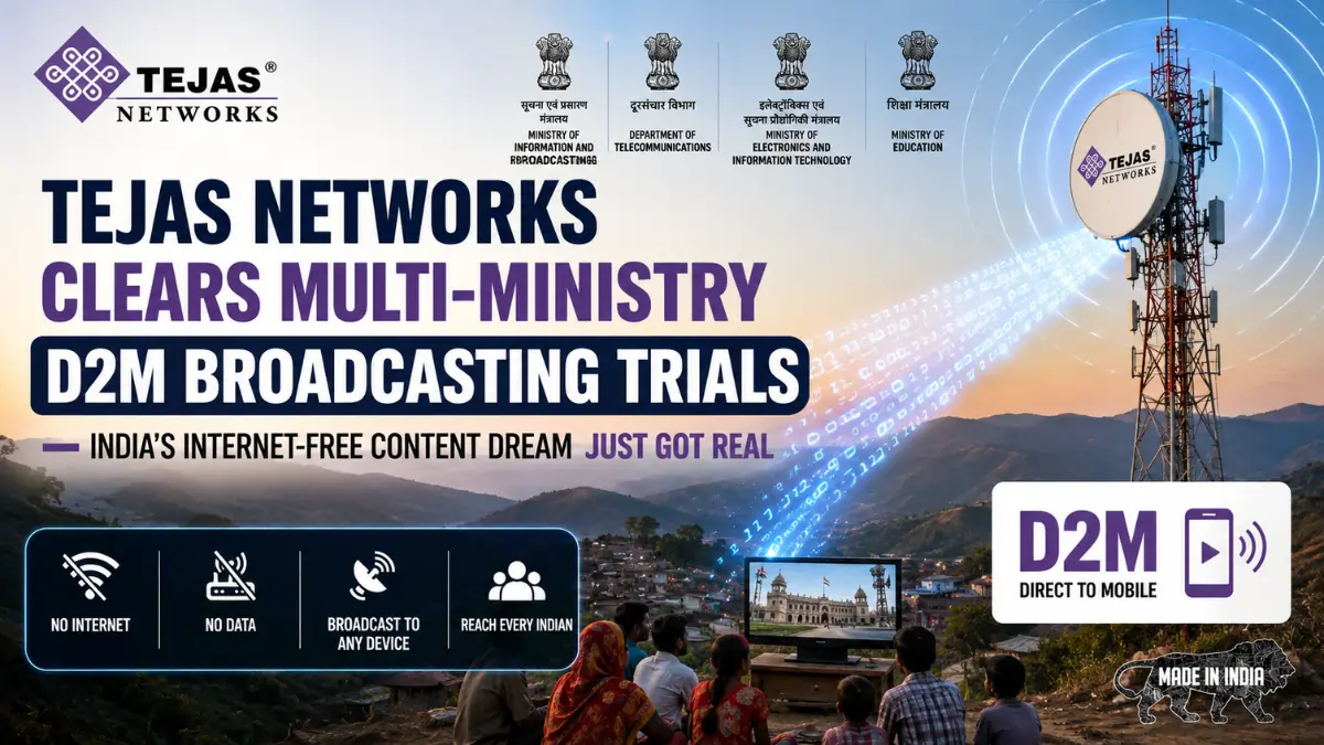 Tejas Networks clears multi-ministry D2M broadcasting trials in India, showcasing internet-free direct-to-mobile content technology with telecom tower and digital broadcast visuals.