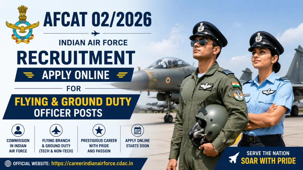 AFCAT 02 2026 Indian Air Force Recruitment banner for Flying and Ground Duty Officer posts apply online