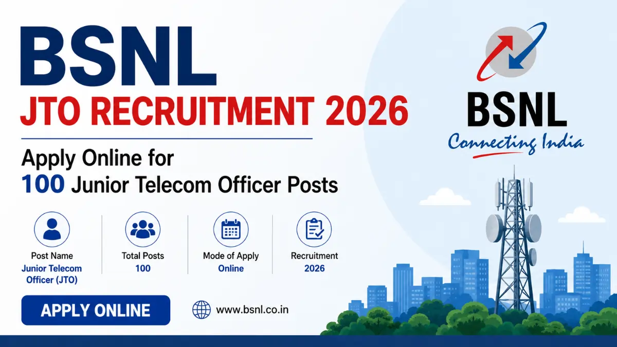 BSNL JTO Recruitment 2026 notification banner for 100 Junior Telecom Officer posts with apply online details