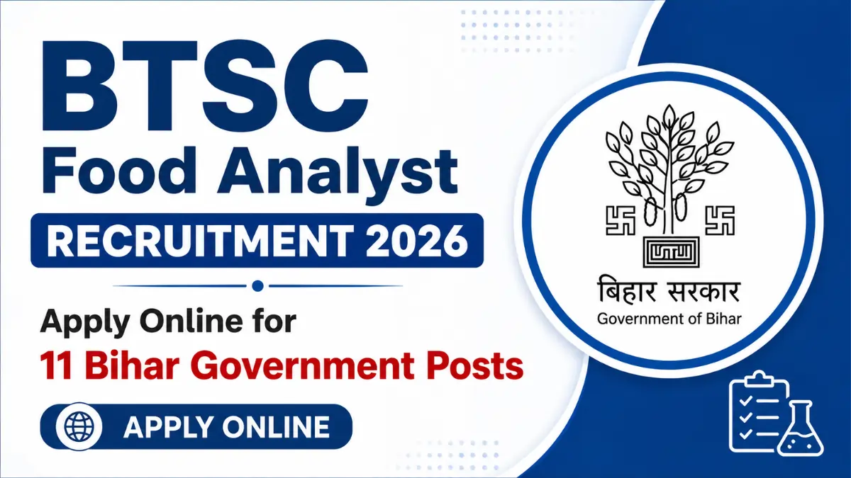 BTSC Food Analyst Recruitment 2026 notification banner for 11 Bihar Government posts with Apply Online text