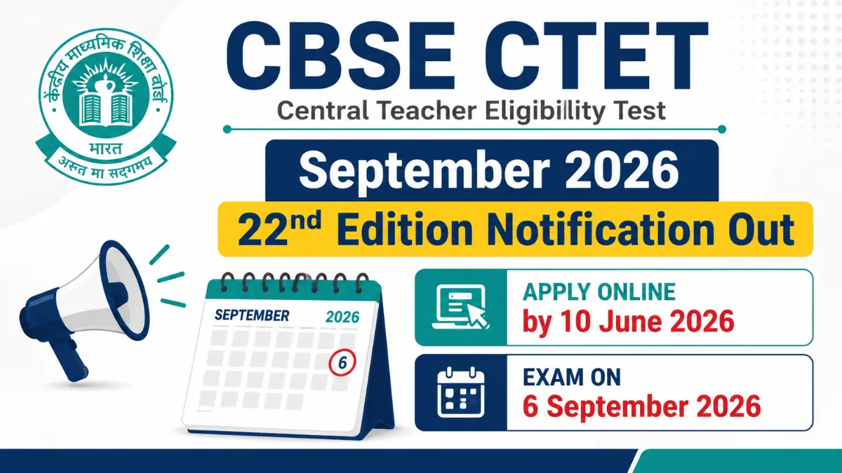 CBSE CTET September 2026 22nd edition notification banner with apply online last date 10 June 2026 and exam date 6 September 2026
