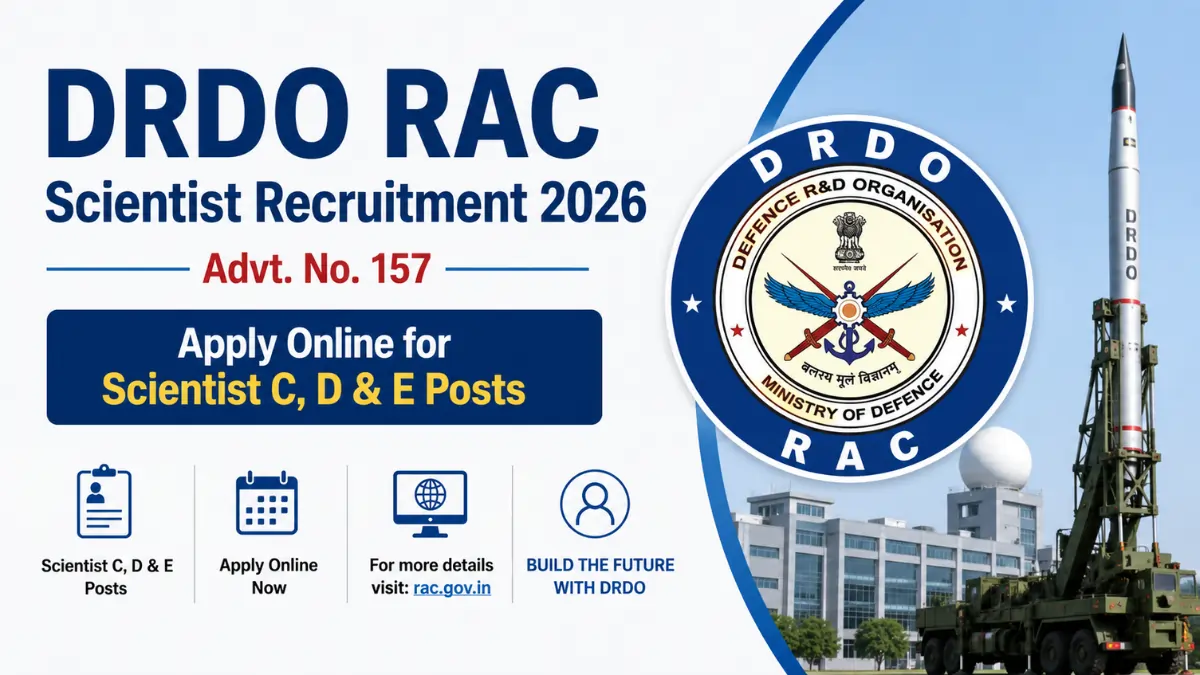 DRDO RAC Scientist Recruitment 2026 notification banner for Advt. No. 157 inviting online applications for Scientist C, Scientist D, and Scientist E posts.
