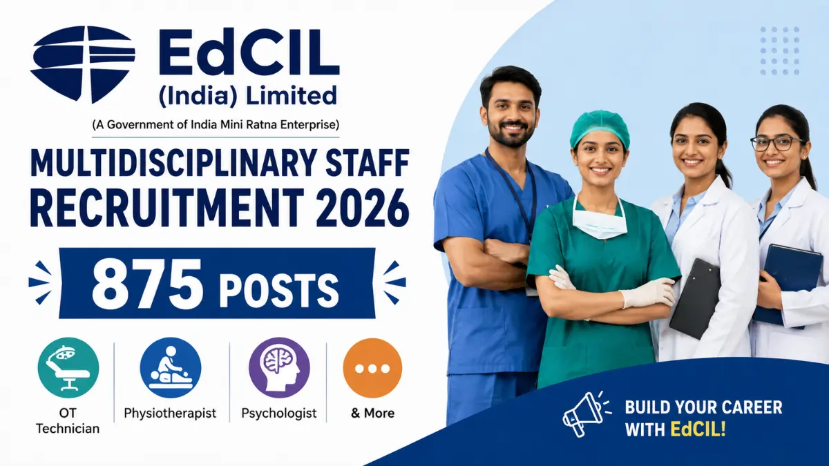 EdCIL Multidisciplinary Staff Recruitment 2026 banner showing 875 vacancies for OT Technician, Physiotherapist, Psychologist and other healthcare posts.
