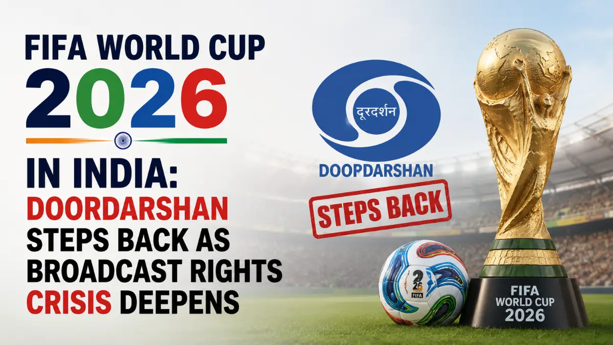 FIFA World Cup 2026 graphic showing Doordarshan logo, FIFA trophy, football, and broadcast rights crisis headline in India.