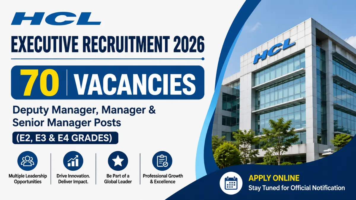 HCL Executive Recruitment 2026 notification banner showing 70 vacancies for Deputy Manager, Manager and Senior Manager posts in E2, E3 and E4 grades