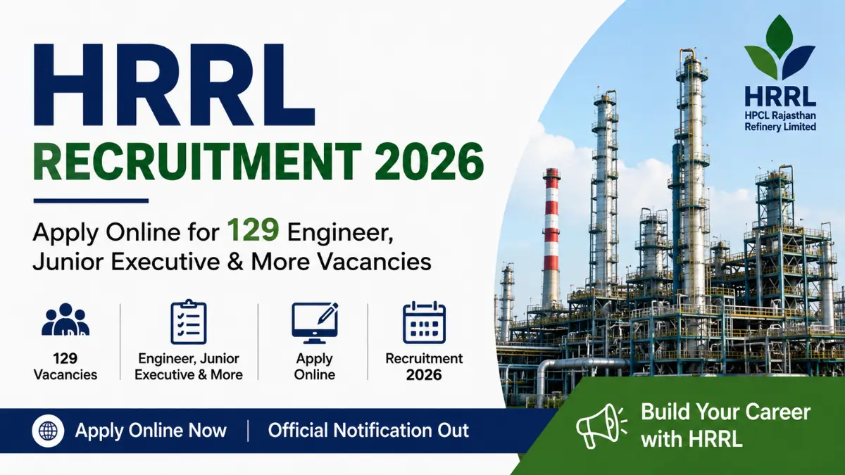 HRRL Recruitment 2026 notification banner for 129 Engineer, Junior Executive and other vacancies with refinery background.