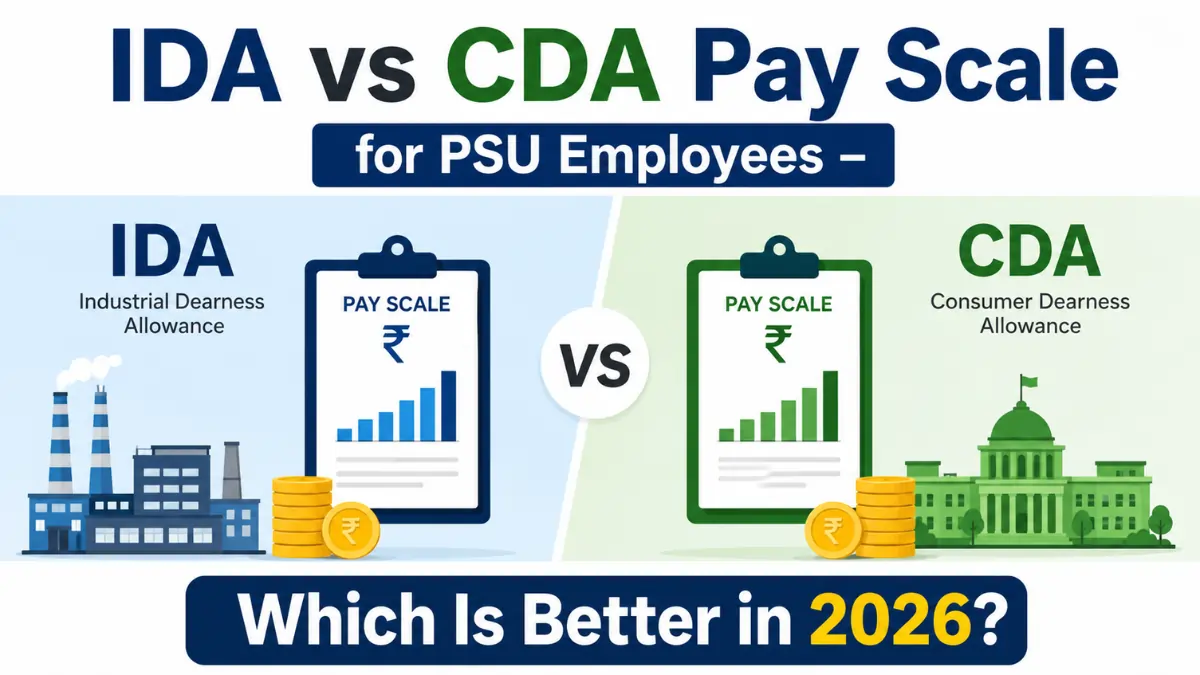 Comparison of IDA vs CDA pay scale for PSU employees showing salary structure, allowances, and benefits in 2026.