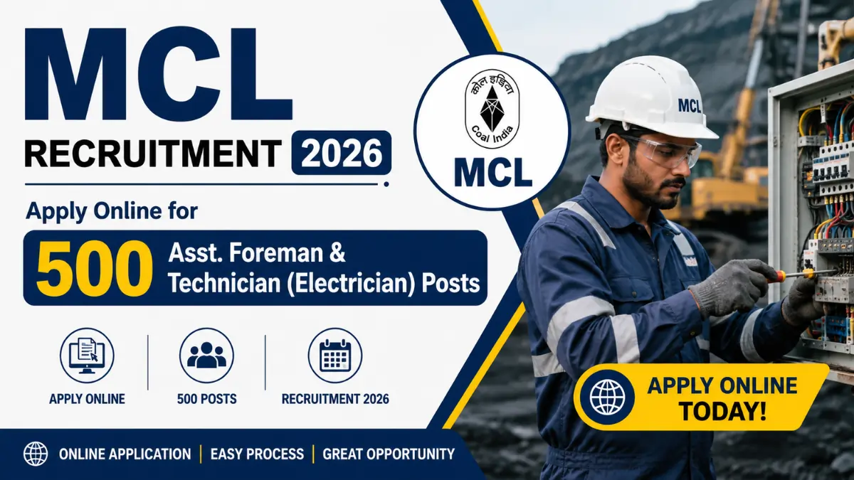 MCL foreman Recruitment 2026 notification banner for 500 Assistant Foreman and Technician Electrician vacancies with electrician working at mining site