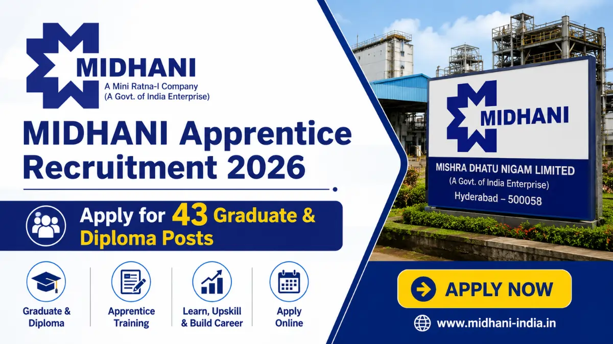 MIDHANI Apprentice Recruitment 2026 notification image for 43 Graduate and Diploma Apprentice vacancies