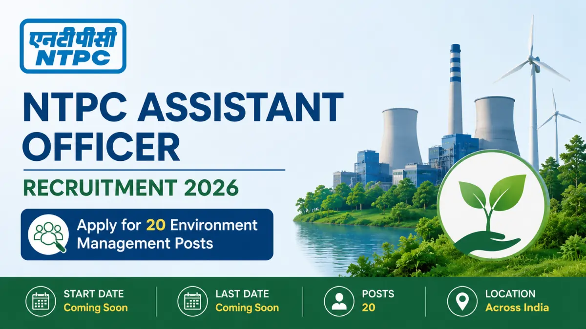 NTPC Assistant Officer Recruitment 2026 banner for 20 Environment Management posts with eco-friendly power plant background