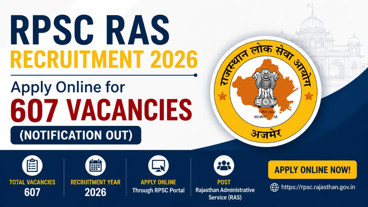 RPSC RAS Recruitment 2026 notification image for 607 vacancies with apply online details