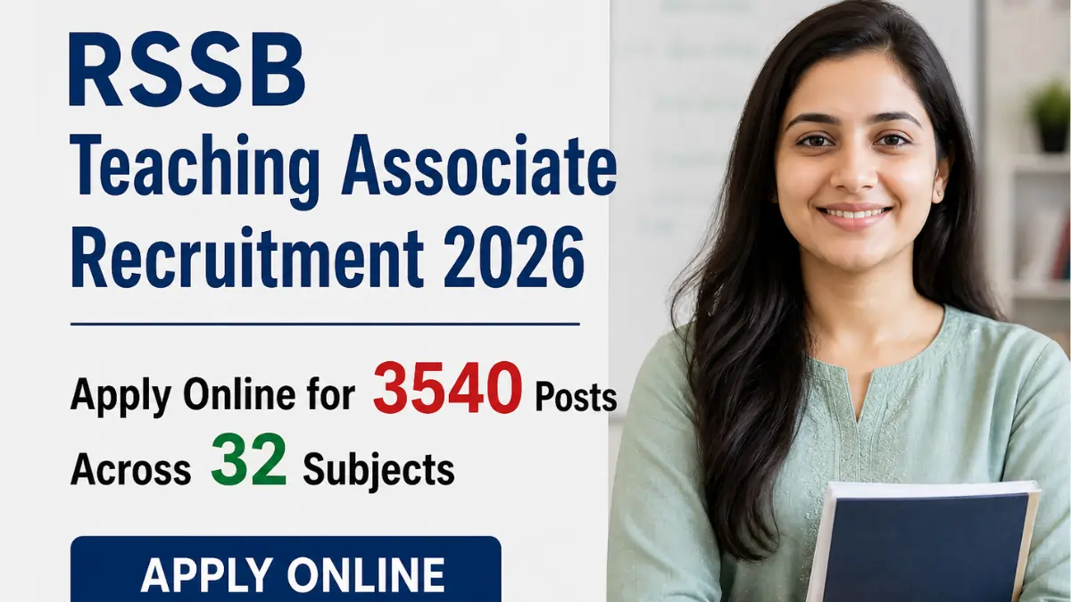RSSB Teaching Associate Recruitment 2026 apply online for 3540 posts across 32 subjects with female teacher holding books