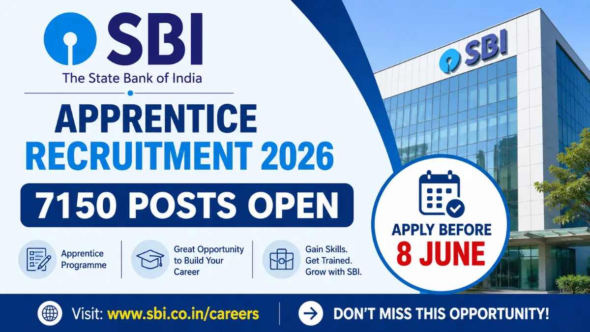 SBI Apprentice Recruitment 2026 banner showing 7150 posts open and application deadline 8 June.