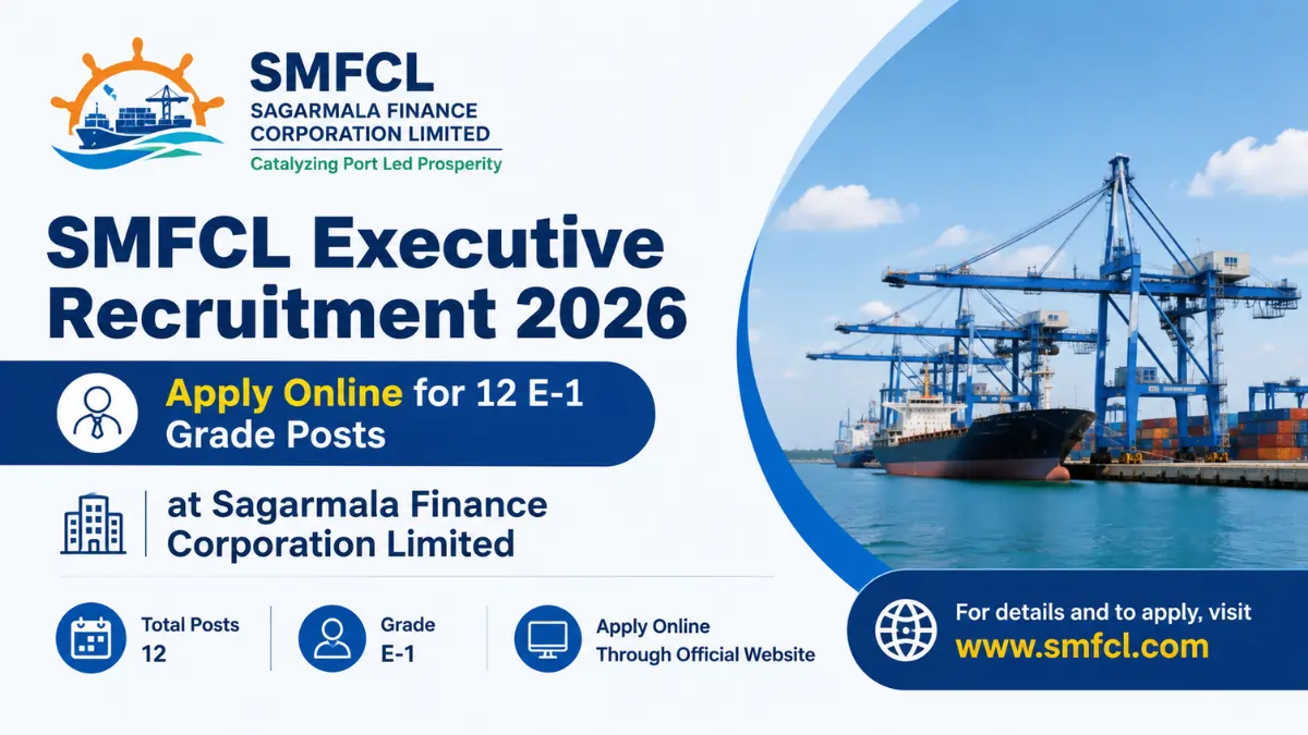 SMFCL Executive Recruitment 2026 notification banner for 12 E-1 Grade posts at Sagarmala Finance Corporation Limited with port and cargo ship background.