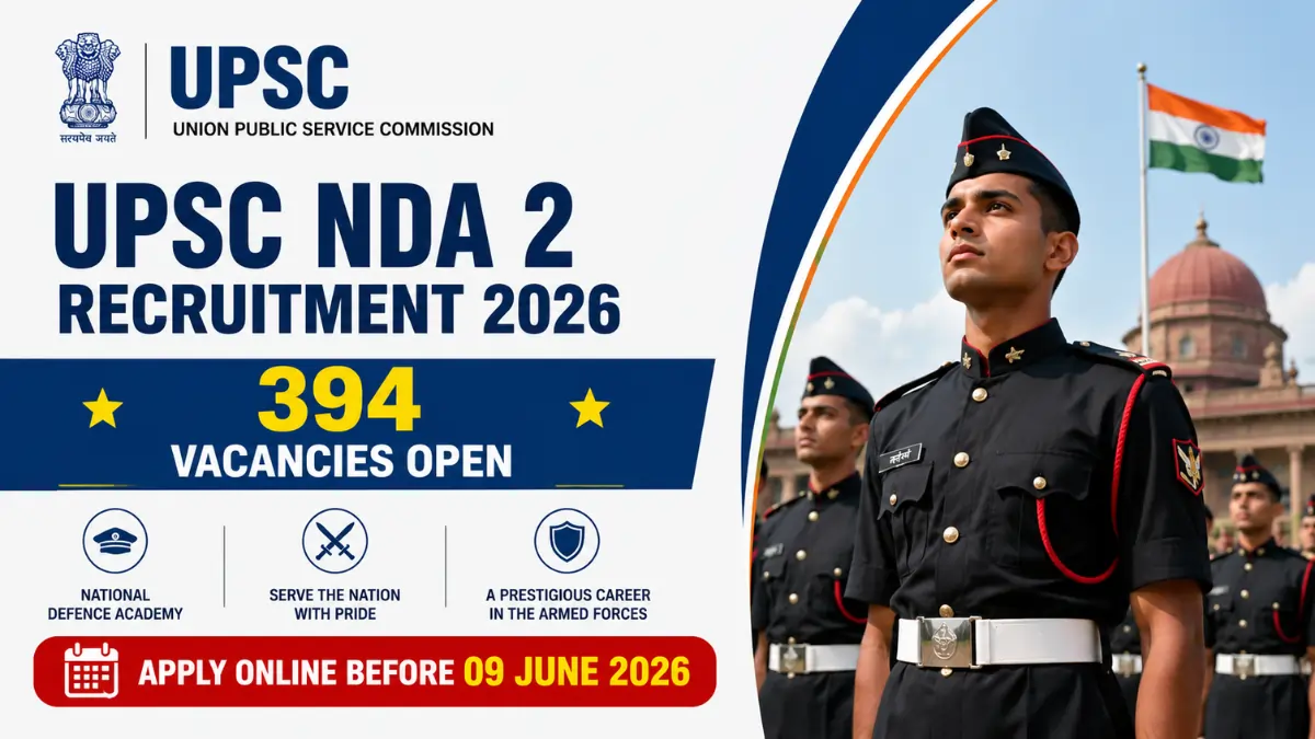 UPSC NDA 2 Recruitment 2026 banner showing 394 vacancies open with NDA cadets and last date 09 June 2026