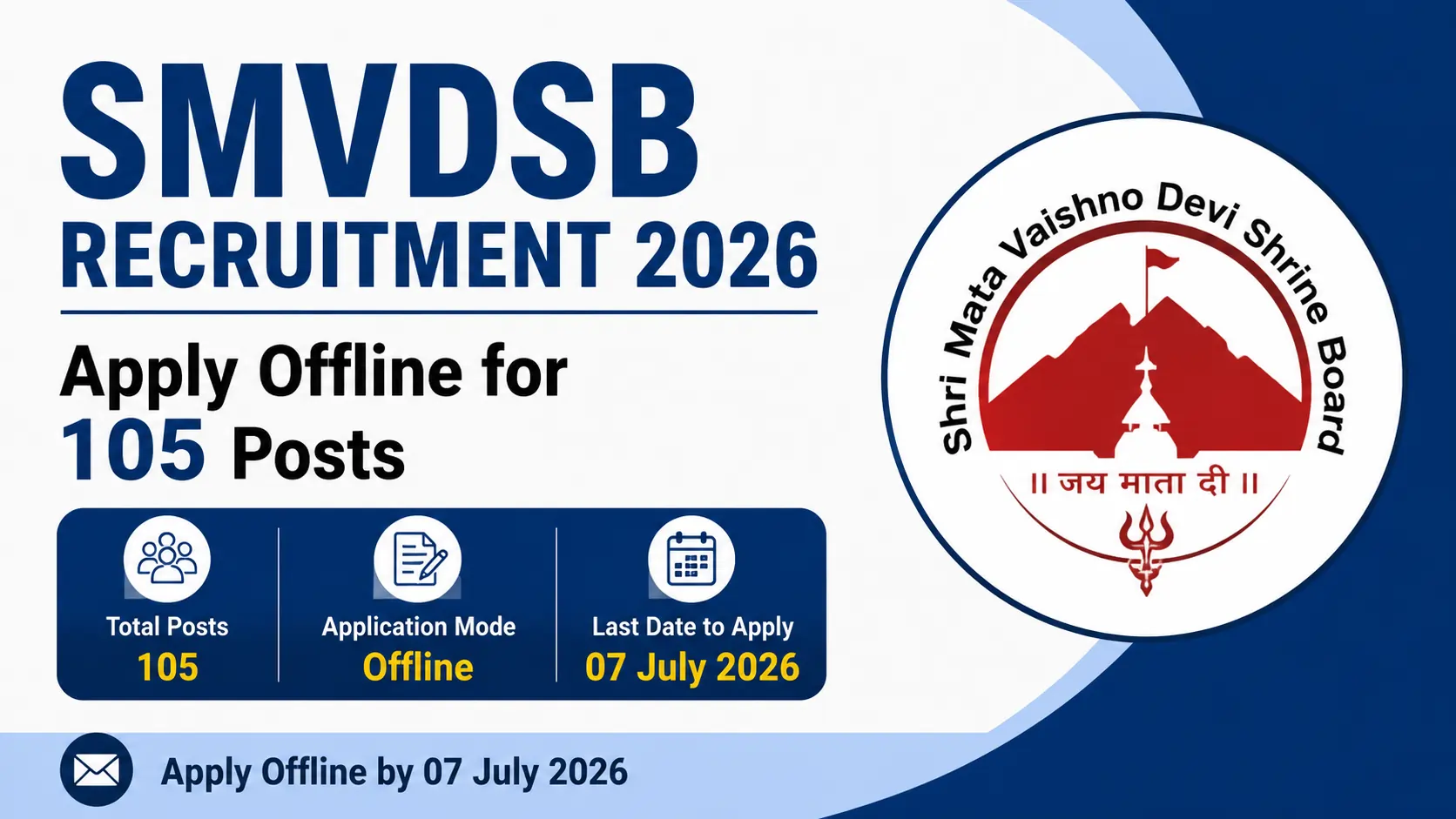 SMVDSB Recruitment 2026 notification banner showing 105 vacancies, offline application process, and last date to apply 07 July 2026