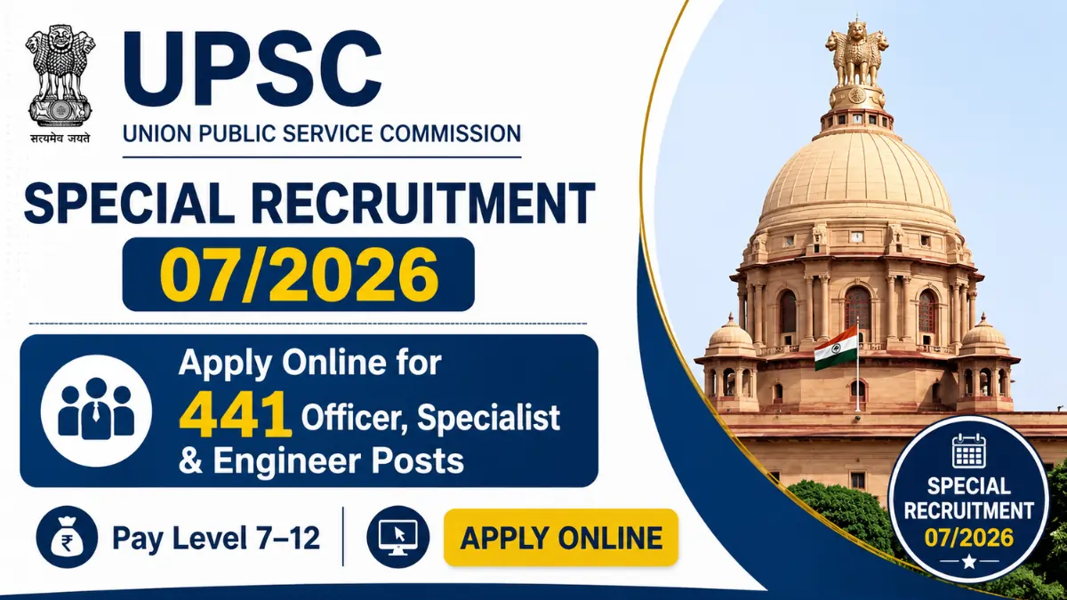 UPSC Special Recruitment 07/2026 notification for 441 Officer, Specialist and Engineer posts with Pay Level 7–12. Apply online for Union Public Service Commission vacancies.
