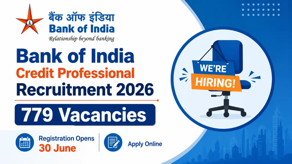 Bank of India Credit Professional Recruitment 2026 banner showing 779 vacancies with online registration opening on 30 June.