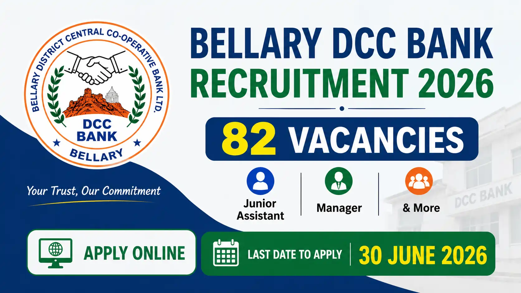 Bellary DCC Bank Recruitment 2026 notification for 82 vacancies including Junior Assistant, Manager and other posts. Apply online before 30 June 2026.