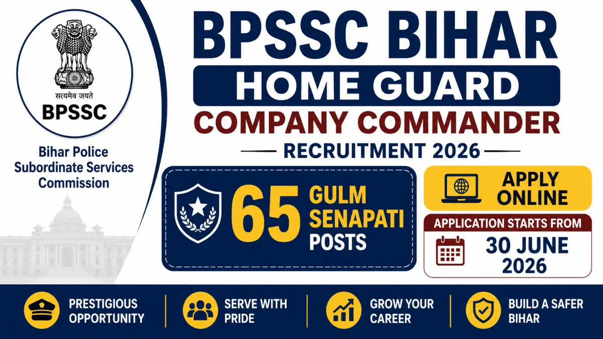 BPSSC Bihar Home Guard Company Commander Recruitment 2026 banner showing 65 Gulm Senapati (Company Commander) vacancies with online application starting from 30 June 2026.