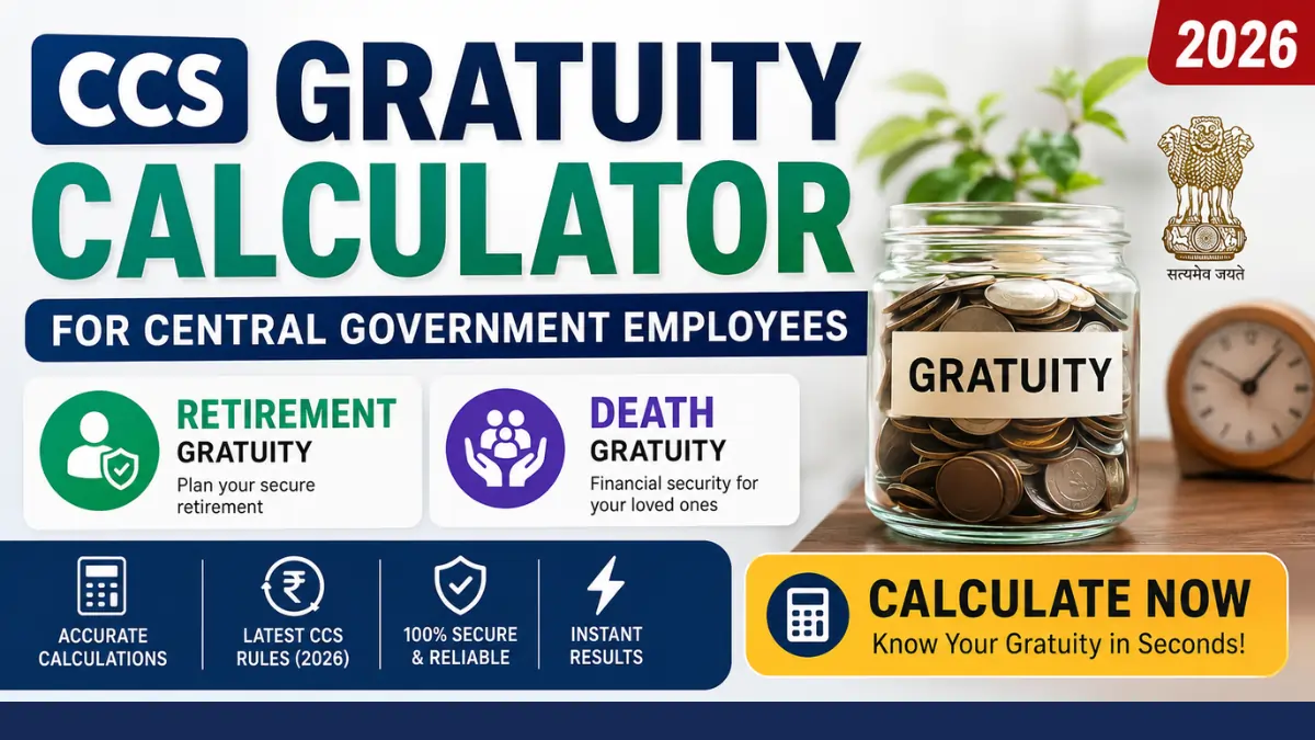 CCS Gratuity Calculator for Central Government Employees 2026 showing Retirement Gratuity and Death Gratuity calculation guide.