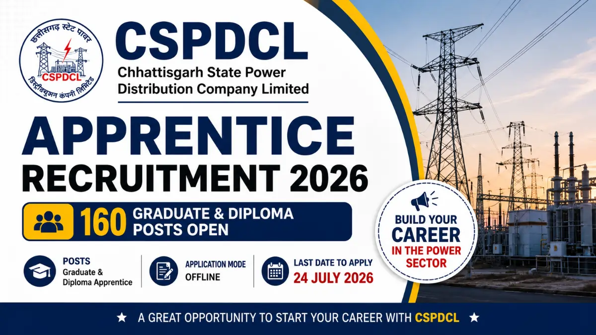CSPDCL Apprentice Recruitment 2026 poster showing 160 Graduate and Diploma Apprentice vacancies, offline application process, and last date 24 July 2026.