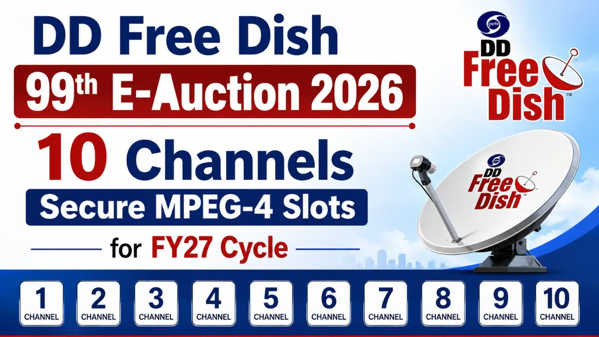 DD Free Dish 99th E-Auction 2026 banner showing 10 TV channels securing MPEG-4 slots for the FY27 broadcasting cycle with satellite dish illustration