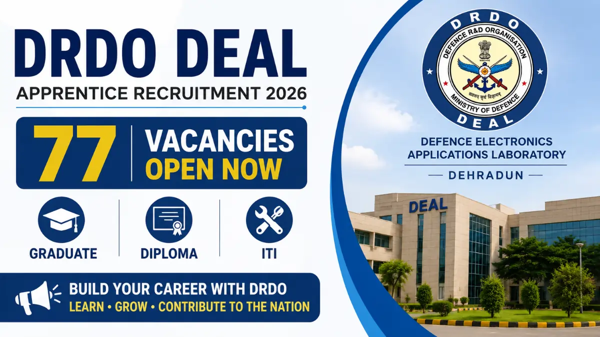 DRDO DEAL Apprentice Recruitment 2026 notification banner showing 77 Graduate, Diploma and ITI apprentice vacancies open now