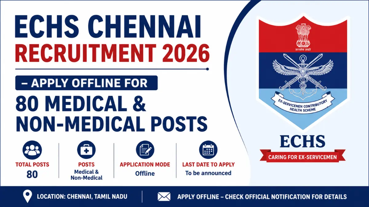 ECHS Chennai Recruitment 2026 notification for 80 Medical and Non-Medical vacancies with offline application process in Chennai, Tamil Nadu.