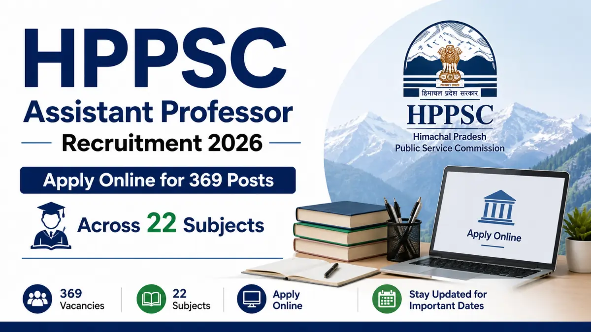 HPPSC Assistant Professor Recruitment 2026 notification banner showing 369 vacancies across 22 subjects with online application details